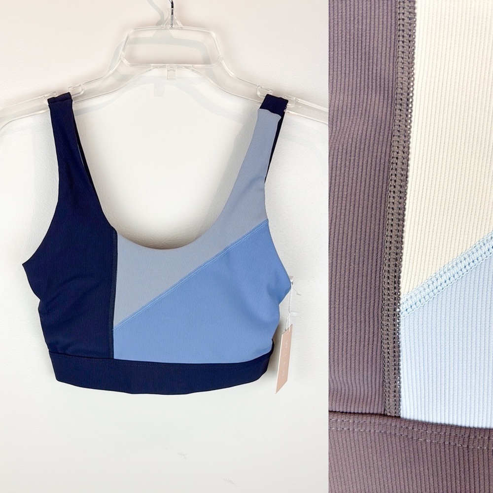 NWT Wilo the Label Anthropologie Ribbed Blue Color Block Sports Bra Padded Sz S